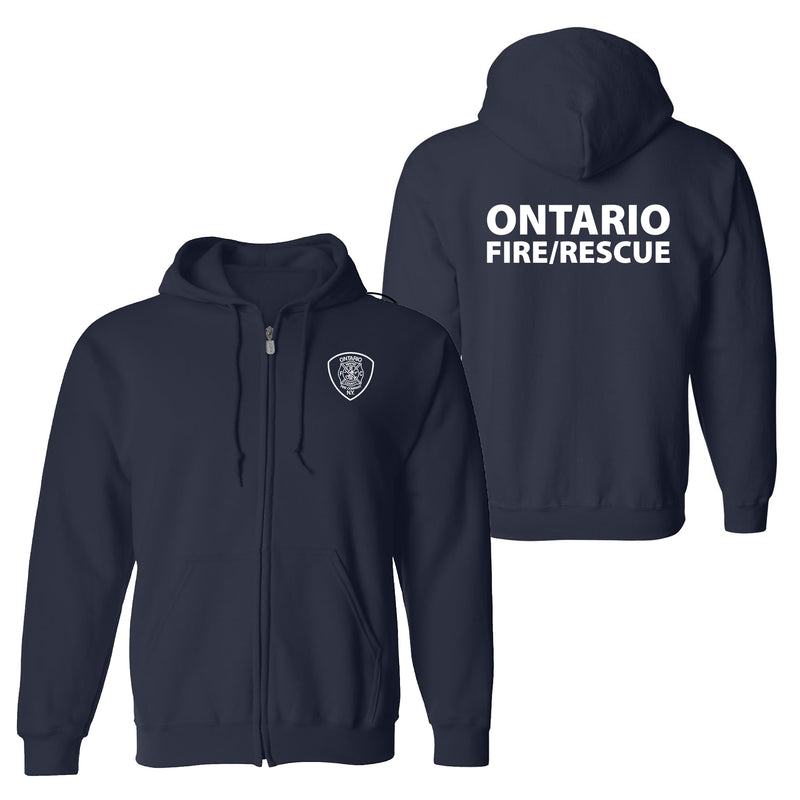 Ontairo Fire Maltese Cross Logo Full Zip Hooded Sweatshirt- Navy